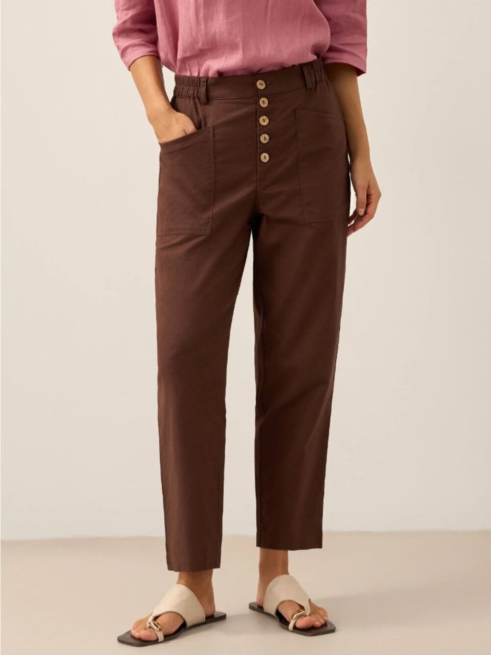 Lintico Linen Simple Button Fly Heidi Trouser Pant Size Medium Espresso Brown